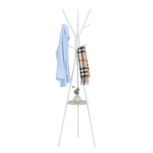 Wit metalen kledingrek BukkitBow met driehoekige structuur, plankje en negen haken, 180 cm hoog voor jassen en accessoires.