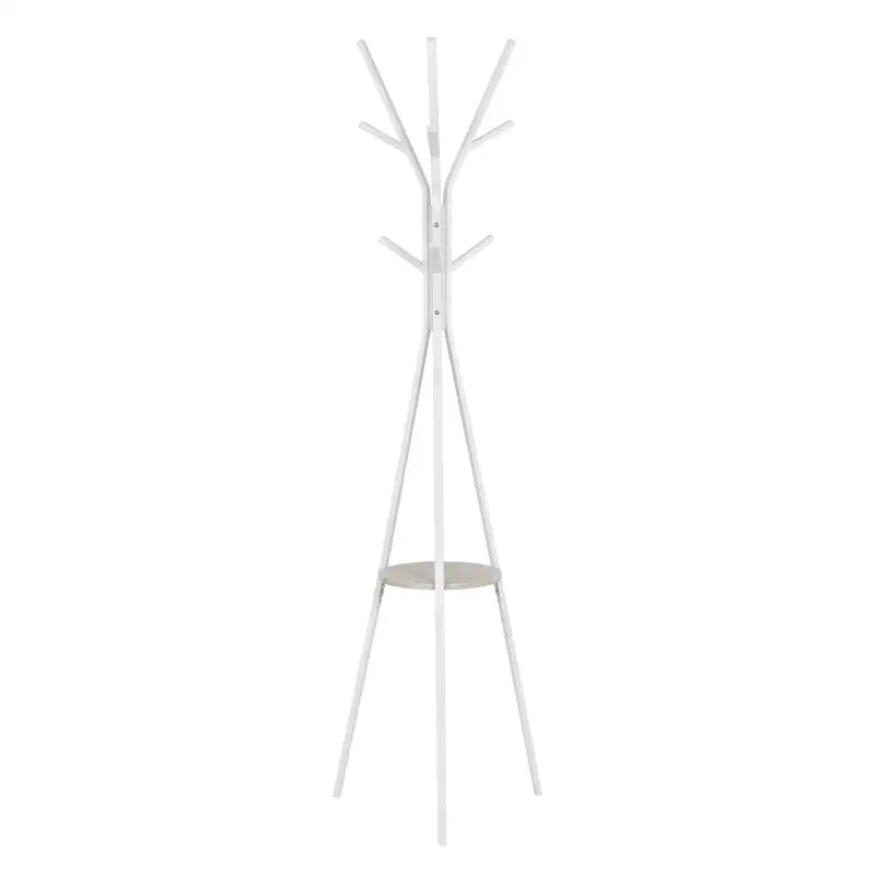 Wit metalen kledingrek BukkitBow met driehoek, plankje en negen haken, 180 cm hoog, voor kleding en accessoires.