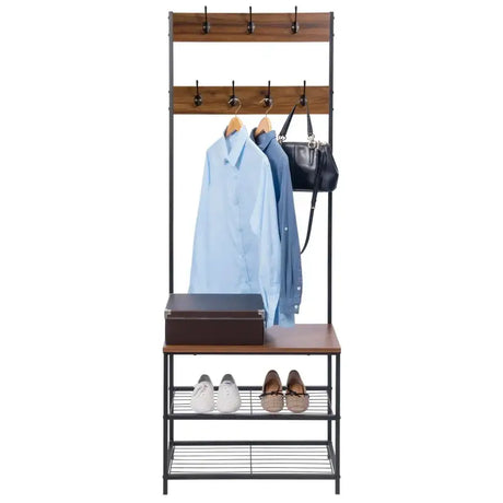 BukkitBow metalen kapstok met schoenenrek, industrieel design, staand, bruin hout en zwart metaal, geschikt als kledingrek.
