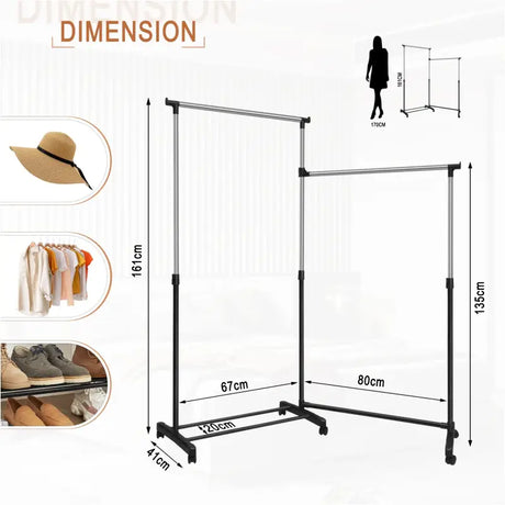BukkitBow mobiel kledingrek op wielen, 2-delig, verstelbaar in hoogte met ruimte voor schoenen, geschikt voor in de woonkamer of garderobe.
