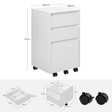 BukkitBow mobiele archiefkast met 3 laden, wielen en rolcontainer, geschikt als bureau organizer voor kantoor of woonkamer