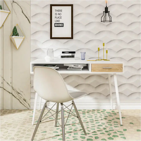 Moderne BukkitBow bureau met lade en open opbergruimte, compact formaat 50x110x75cm, ideaal voor thuis of kantoor.