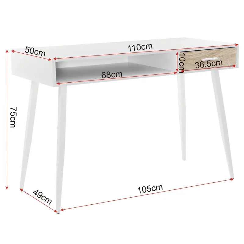BukkitBow modern bureau met lade en open opbergruimte, compact ontwerp, afmetingen 50x110x75cm, ideaal voor thuis of kantoor.