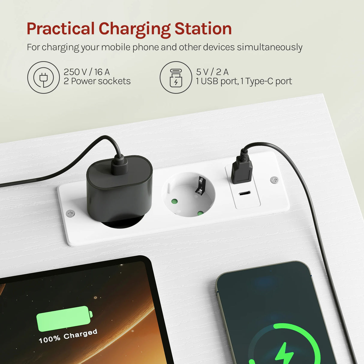 BukkitBow - Modern Bureau met 2 Laden - Stopcontact & USB - 120cm