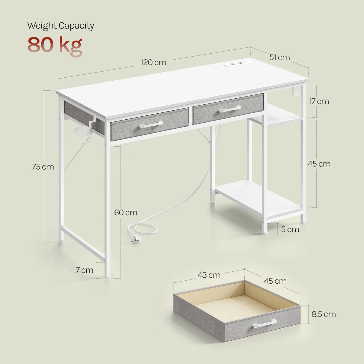 BukkitBow - Modern Bureau met 2 Laden - Stopcontact & USB - 120cm