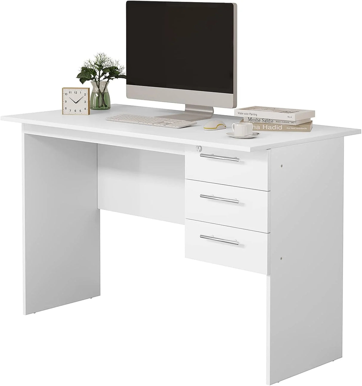 Moderne BukkitBow bureau met 3 laden, slot en 120cm breed, stevig en stijlvol kantoormeubel voor thuis of kantoor.