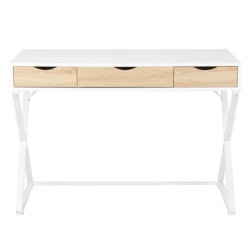 Moderne BukkitBow bureau met lades, hout en metaal, 110x50 cm, stevig en ruim, wit, geschikt voor thuis of kantoor.