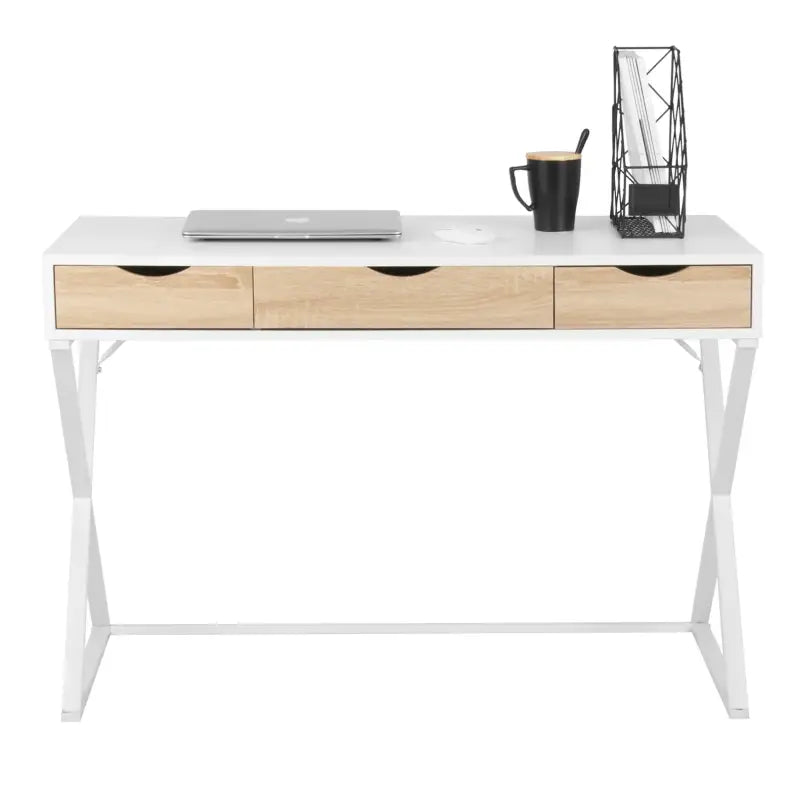 BukkitBow modern bureau met lades, hout en metaal, wit, 110x50 cm, stevig en ruim, geschikt voor kantoor of thuiswerkruimte.