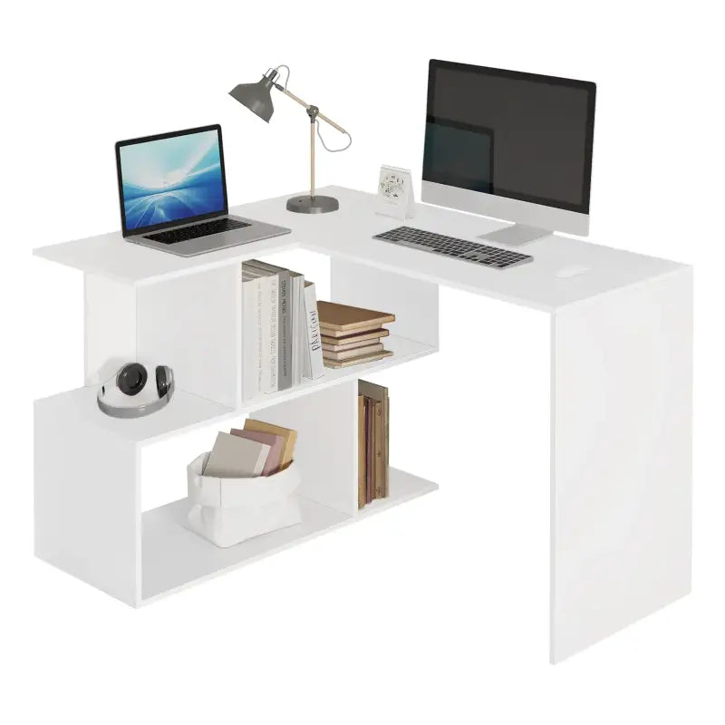 BukkitBow modern hoekbureau met opbergkast, wit of zwart, stabiel en ruim ontwerp, afmetingen 100x40cm of 80x50cm.