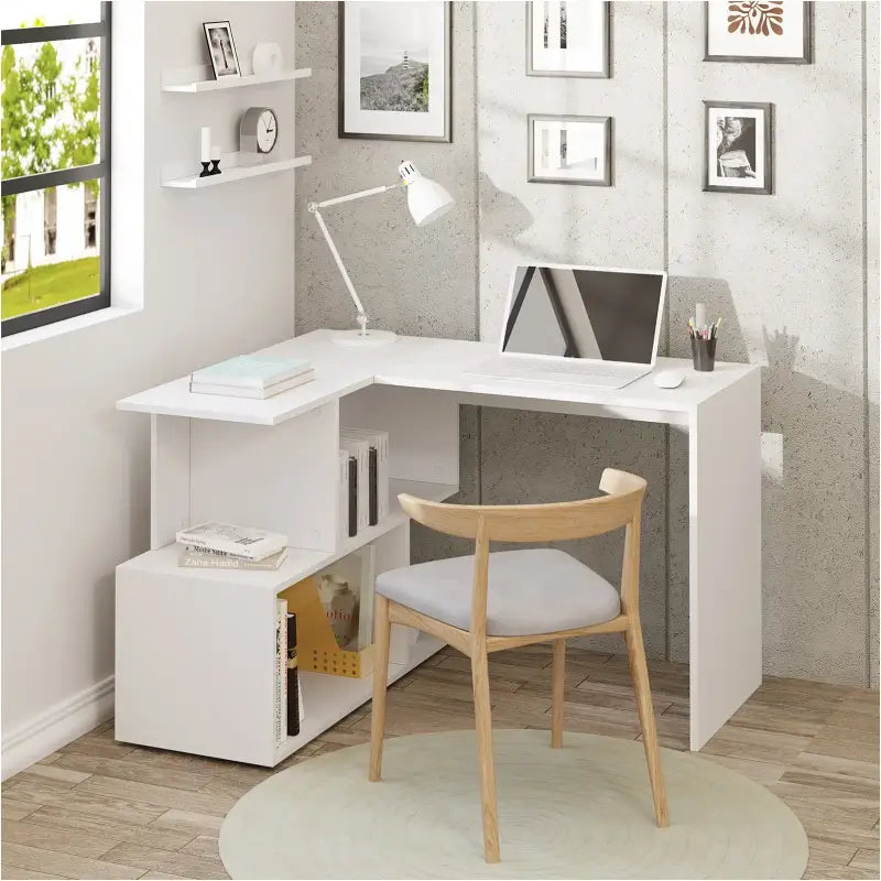 BukkitBow modern hoekbureau met opbergkast in wit of zwart, stabiel en ruim design, 100x40cm of 80x50cm, geschikt voor thuis of kantoor