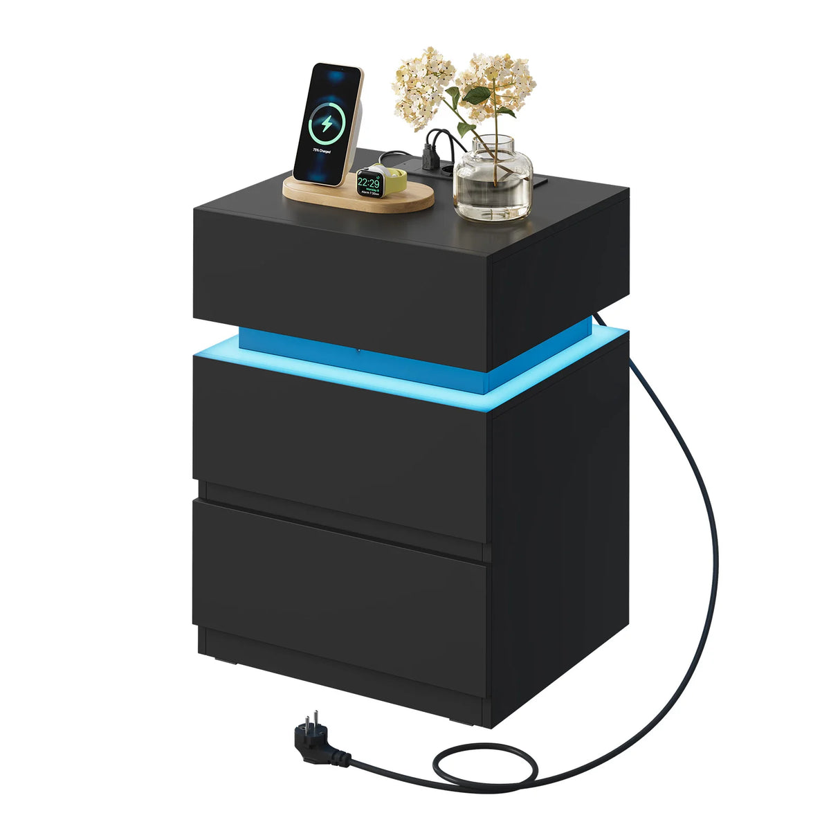 Modern BukkitBow nachtkastje met RGB LED-verlichting en geïntegreerde laadstation, zwart hout met strakke design en handgrepen.