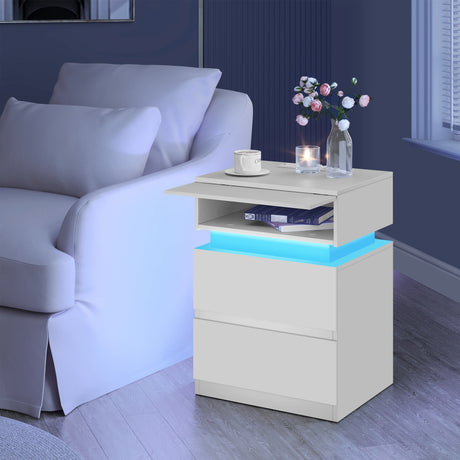 Modern BukkitBow nachtkastje met RGB LED-verlichting en ingebouwde laadstation, strak design en houten afwerking.