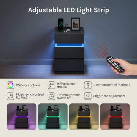 Modern BukkitBow nachtkastje met RGB LED-verlichting, laadstation en strakke design, zichtbaar met laden en verlichte details.