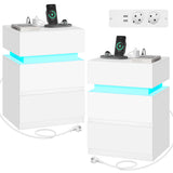 Moderne BukkitBow nachtkastje met RGB LED-verlichting en laadstation, inclusief lade en strakke design, voor een stijlvolle slaapkamer.