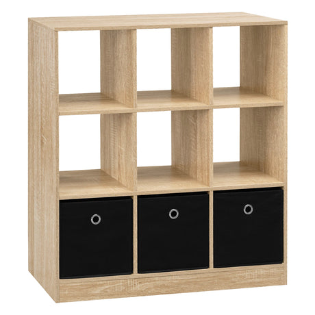 BukkitBow moderne vakkenkast met 3 stoffen laden en open boekenkast voor woon- of kantoorruimte, zwart en houtlook, stijlvol design