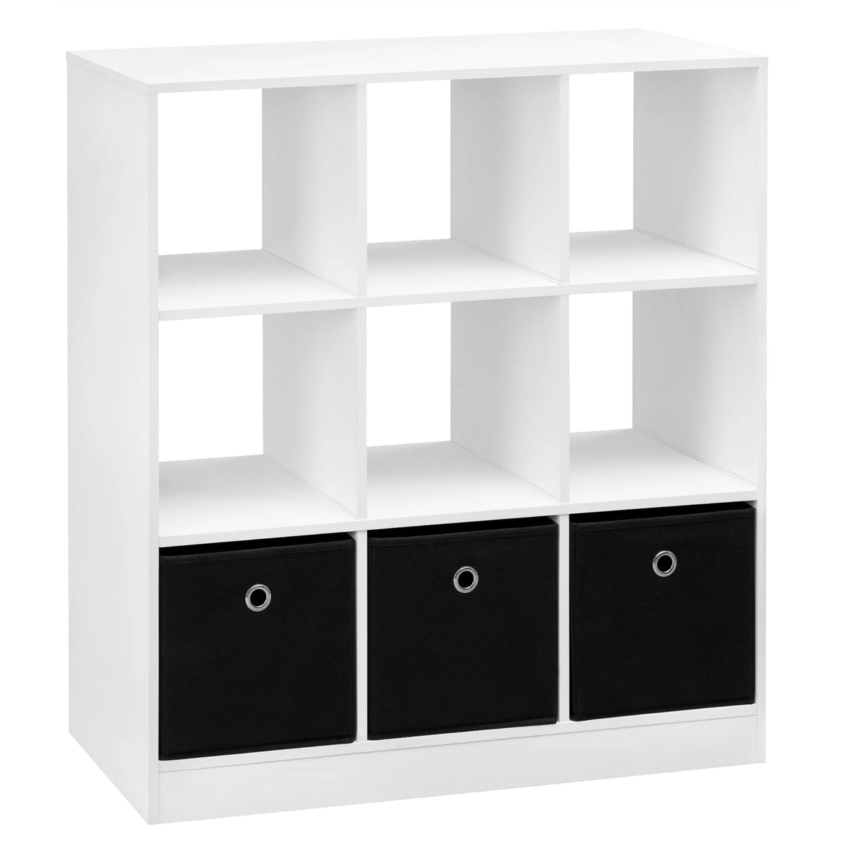 BukkitBow moderne vakkenkast met 3 stoffen laden en open boekenkast, zwart frame en houten planken, ideaal voor woon- of kantoorruimte.