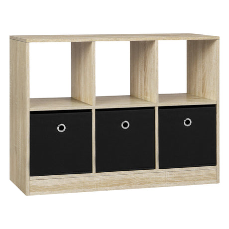 Moderne BukkitBow vakkenkast met drie stoffen laden en open boekenkast voor een stijlvolle opbergruimte.