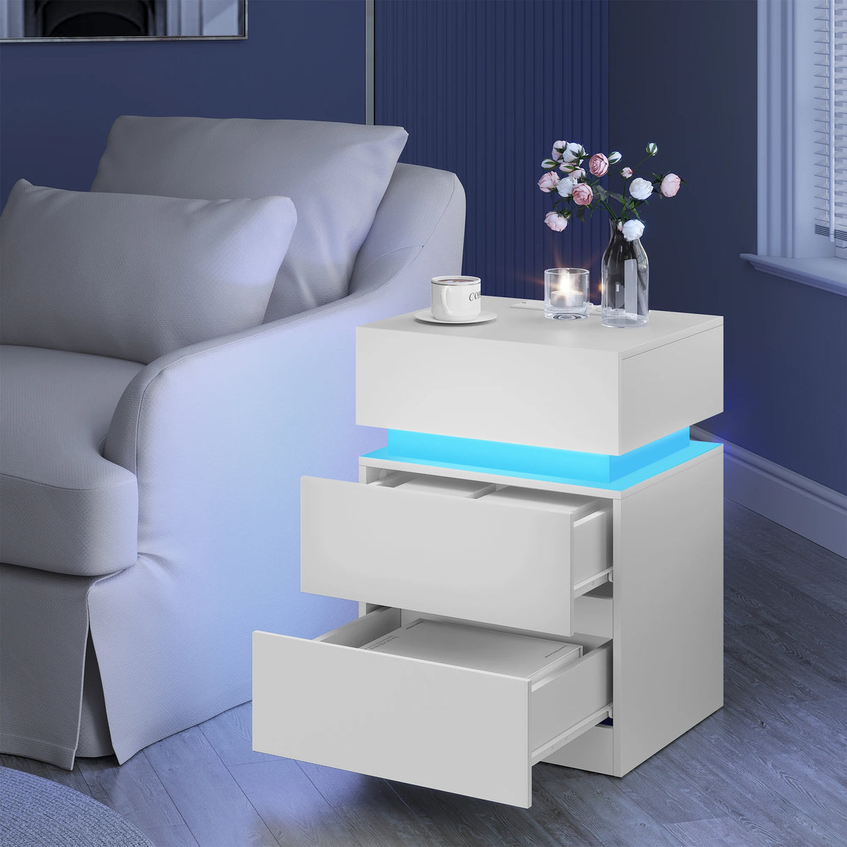 Modern wit BukkitBow nachtkastje met RGB LED-verlichting en USB-poorten, gezicht op de voorkant met lades en verlichting.