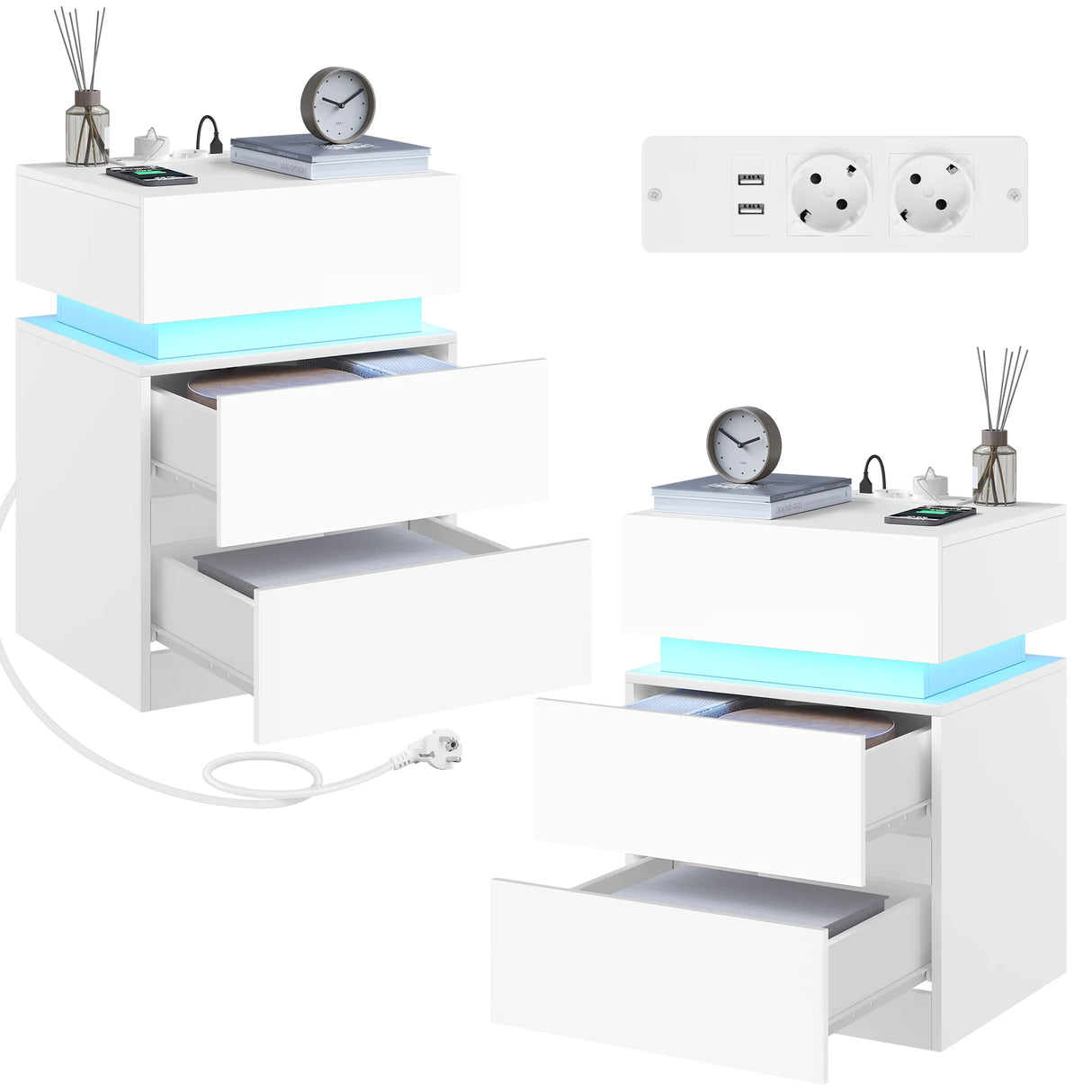 Modern wit BukkitBow nachtkastje met RGB LED-verlichting en USB-poorten, geschikt voor slaapkamer of woonkamer.