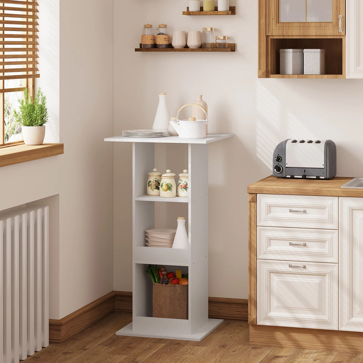 Moderne BukkitBow bartafel van 60x60 cm met drie opbergvakken, ideaal voor thuis of in de horeca.
