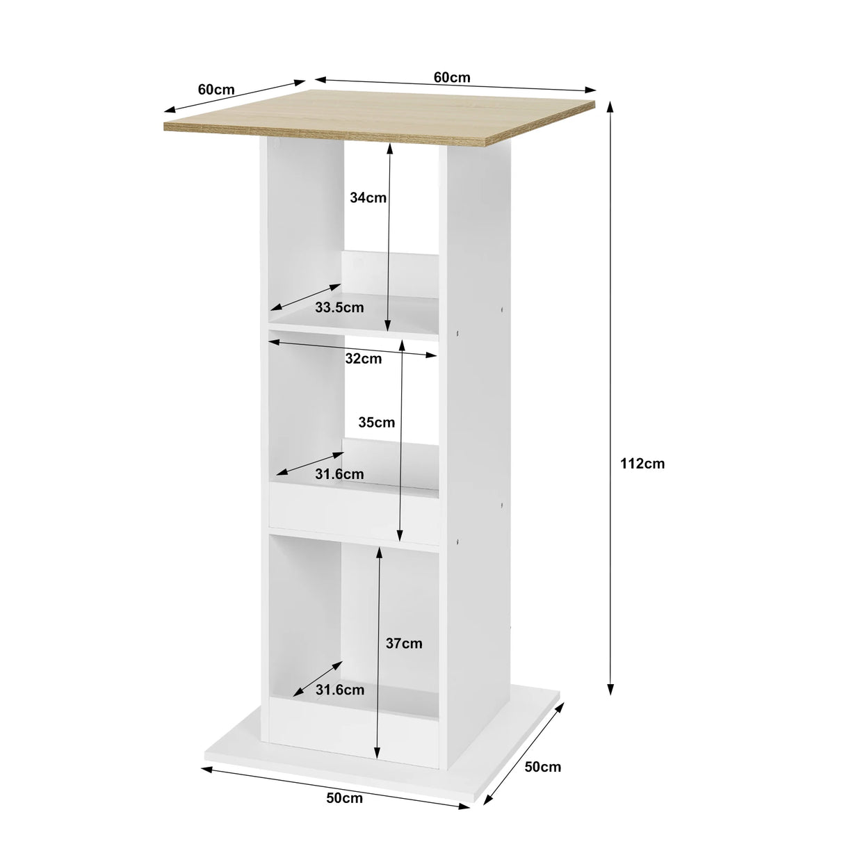 Moderne BukkitBow bartafel van 60x60 cm met 3 opbergvakken, stevig en stijlvol voor in de keuken of bar.