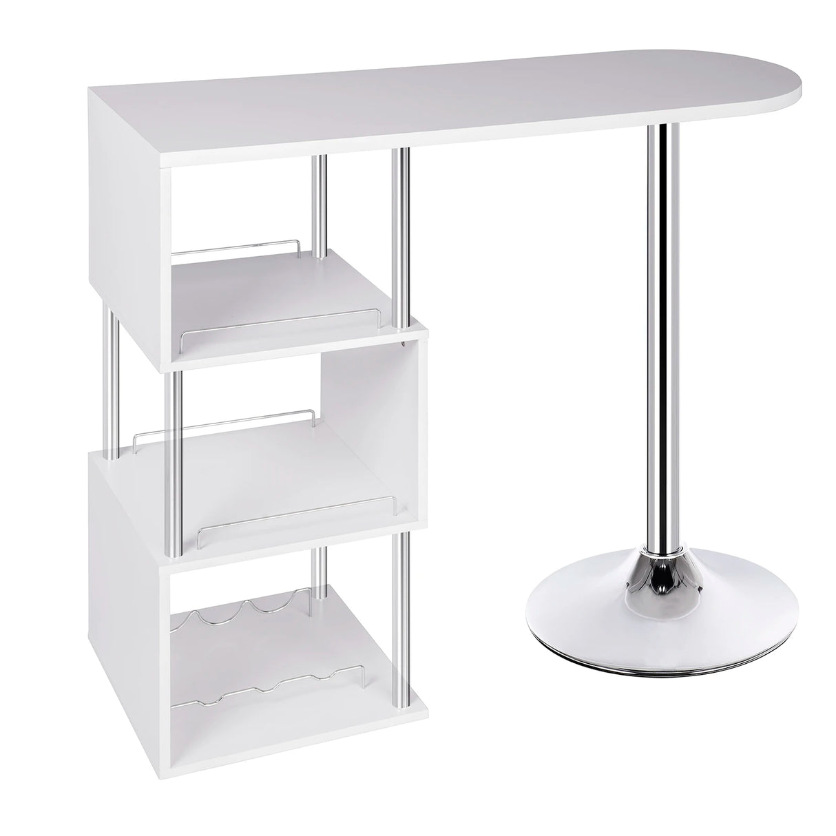 Moderne BukkitBow bartafel met S-vormig rek en flessenhouders, perfect voor moderne interieur- en barinrichting.