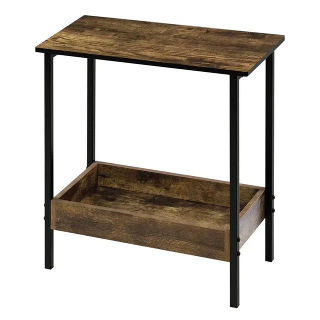 Moderne BukkitBow bijzettafel met dubbele plank, geschikt als nachtkastje of wijnrek, met extra vak voor boeken of wijnflessen.