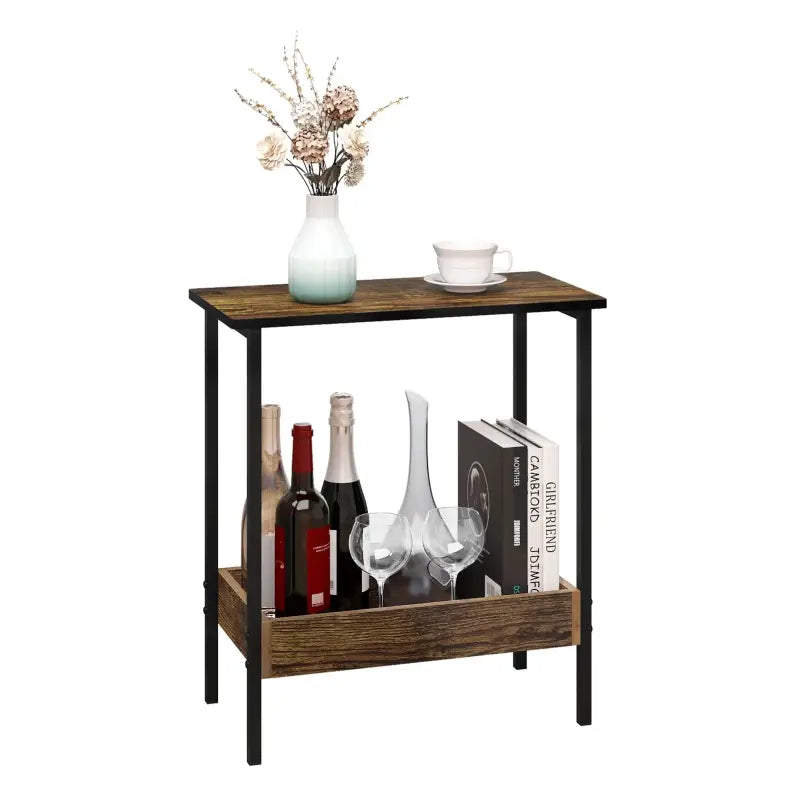 Moderne BukkitBow bijzettafel met dubbele plank, geschikt als nachtkastje of wijnrek, met extra vak voor boeken of wijnflessen.