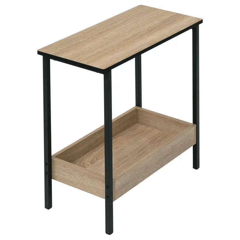 Moderne BukkitBow bijzettafel met dubbele plank, geschikt als nachtkastje of wijnrek, met extra vak voor boeken of wijnflessen.