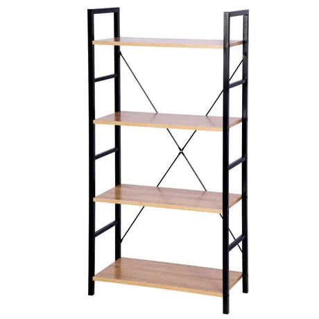 Moderne BukkitBow boekenkast met zwarte metalen structuur en licht eikenhouten planken, 4 lagen, afmetingen 60x28x116 cm.