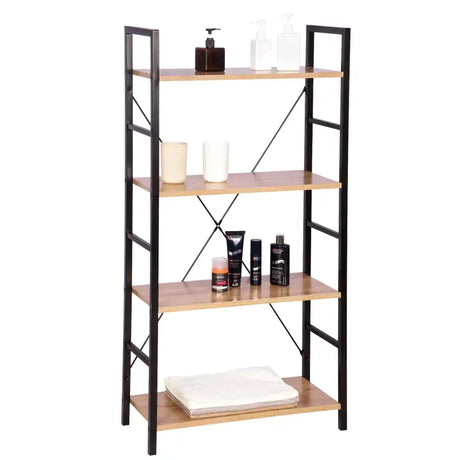 Moderne zwarte boekenkast BukkitBow met vier lagen, metalen frame en licht eikenhouten planken, afmetingen 60x28x116 cm.