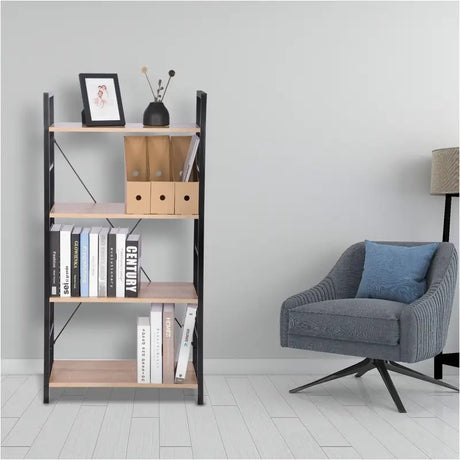 Moderne BukkitBow boekenkast met 4 lagen, zwart metalen frame en licht eikenhouten planken, afmetingen 60x28x116 cm.