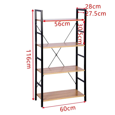 Moderne BukkitBow boekenkast met 4 lagen, zwart metalen frame en licht eikenhouten planken, afmetingen 60x28x116cm.