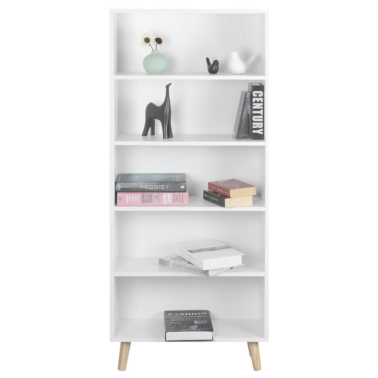 Moderne BukkitBow boekenkast met 5 vakken en houten poten, geschikt voor boeken en decoratie, in een strakke designstijl.