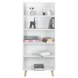 Moderne BukkitBow boekenkast met 5 vakken en houten poten, geschikt voor boeken en decoratie, in een strakke designstijl.