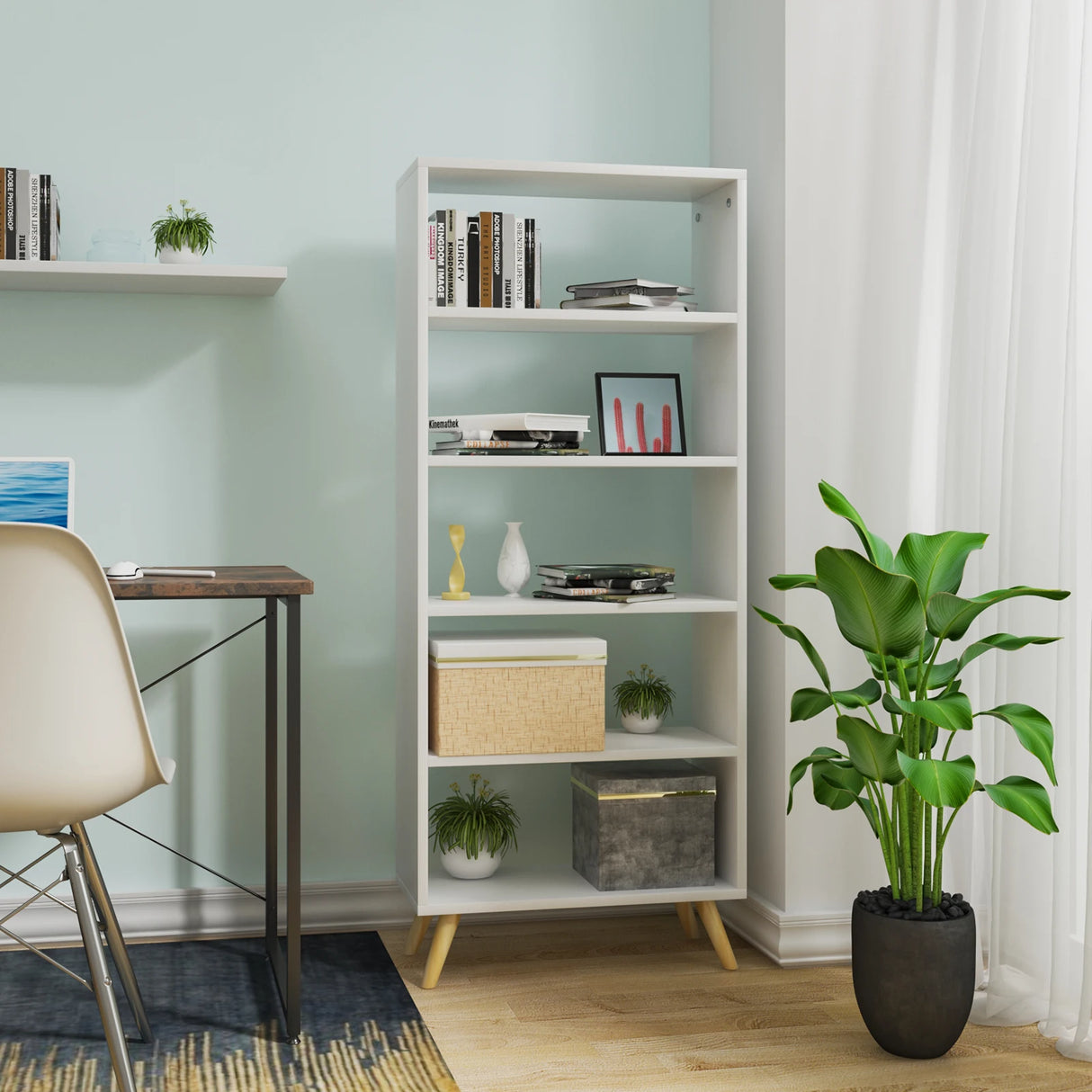 Moderne BukkitBow boekenkast met 5 vakken en houten poten, ideaal voor het organiseren van boeken en accessoires.