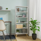 Moderne BukkitBow boekenkast met 5 vakken en houten poten, ideaal voor het organiseren van boeken en accessoires.