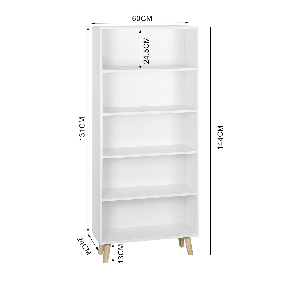 Moderne BukkitBow boekenkast met 5 vakken op houten poten, strak design en ruime opbergmogelijkheden voor boeken en decoraties.