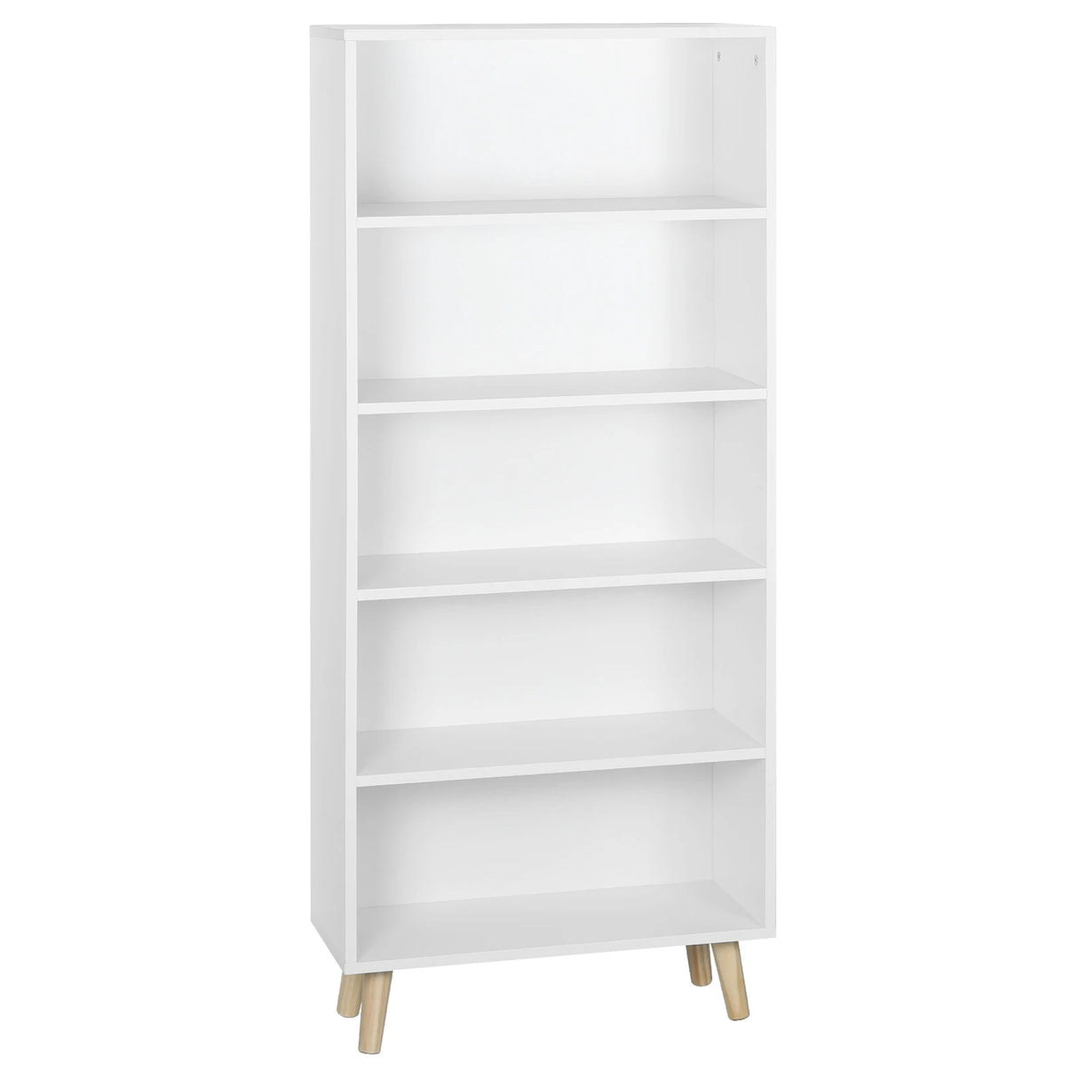 Moderne BukkitBow boekenkast met 5 open vakken en houten poten, zwart metalen frame en houtkleurige planken.
