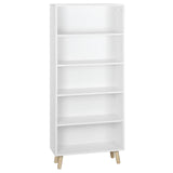 Moderne BukkitBow boekenkast met 5 open vakken en houten poten, zwart metalen frame en houtkleurige planken.