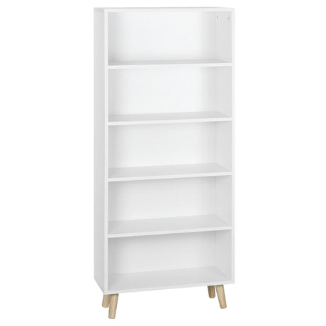 Moderne BukkitBow boekenkast met 5 open vakken en houten poten, zwart metalen frame en houtkleurige planken.