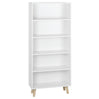 Moderne BukkitBow boekenkast met 5 open vakken en houten poten, zwart metalen frame en houtkleurige planken.
