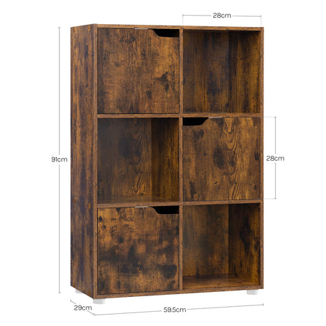 Moderne BukkitBow boekenkast met 6 vakken, 3 deurtjes, Scandinavisch design, wit houten meubel voor woonkamer of kantoor.