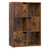 BukkitBow moderne Scandinavische boekenkast met 6 open vakken en 3 deurtjes, zwart houten afwerking, strak en functioneel design.