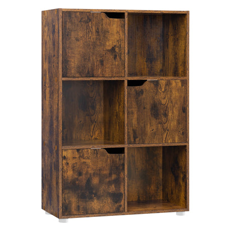 BukkitBow moderne Scandinavische boekenkast met 6 open vakken en 3 deurtjes, zwart houten afwerking, strak en functioneel design.