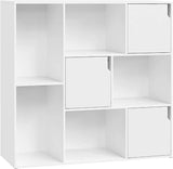 Moderne BukkitBow boekenkast met 8 vakken en deuren, gemaakt van FSC-hout, zwart frame en houten planken, stijlvolle opbergoplossing