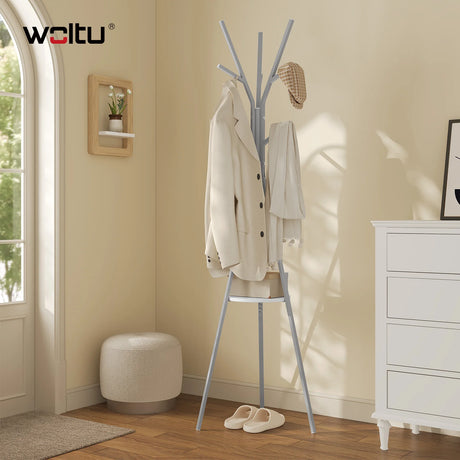 BukkitBow moderne kledingrek met 9 haken en ronde legplank, houtlook design voor garderobe of entree.