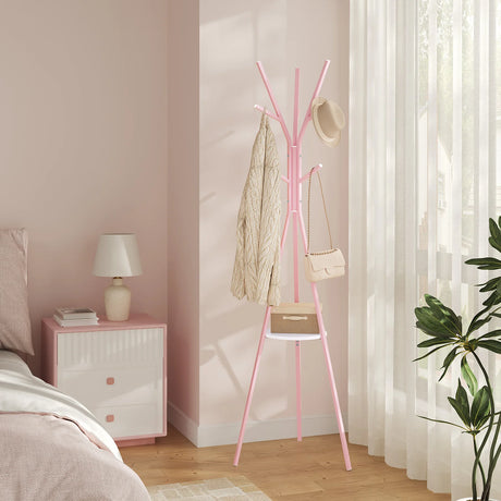 Moderne BukkitBow kledingrek met 9 haken en ronde legplank, houten design voor garderobe en accessoires.