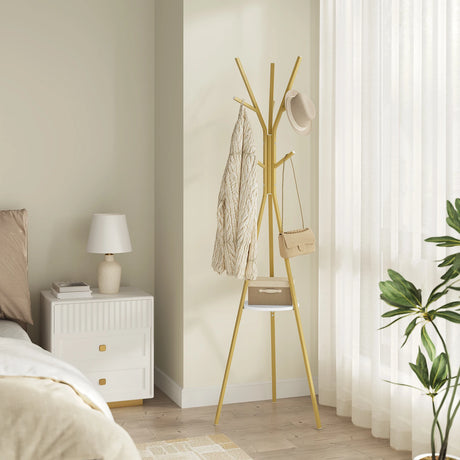 Moderne BukkitBow kledingrek met 9 haken en ronde legplank voor het opbergen van jassen en accessoires.