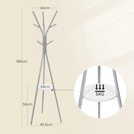 Moderne BukkitBow kledingrek met 9 haken en ronde houten legplank voor stijlvolle garderobe opbergruimte.